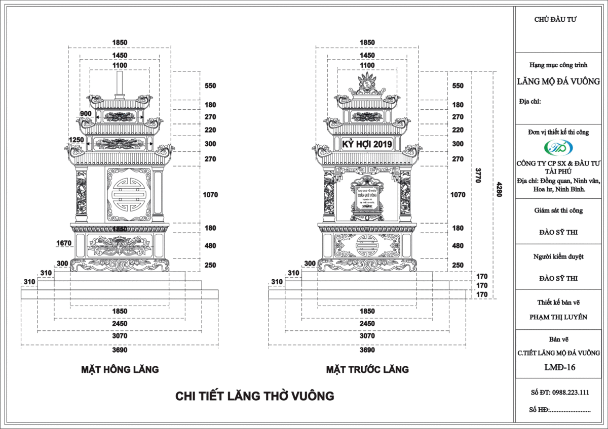 Bản vẽ chi tiết Lăng thờ đá vuông 16