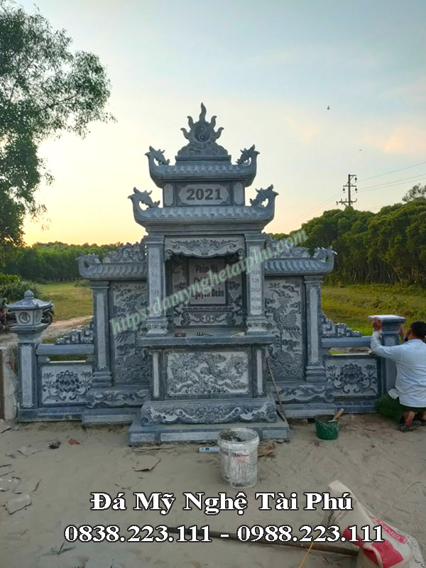 Mẫu lăng cánh dựng chạm hạc 2 mái lá đẹp. Hương án đá, nhang án đá, lăng thờ cánh